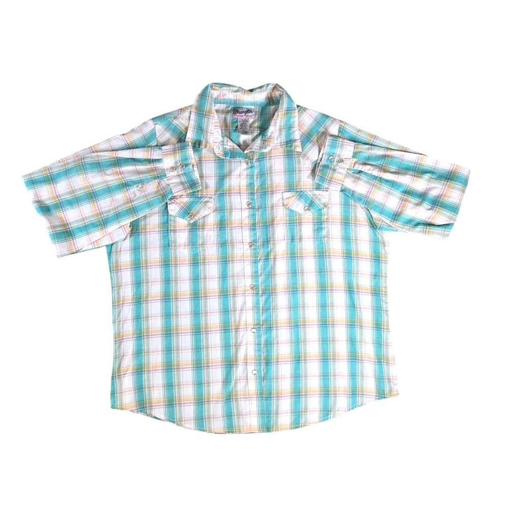 Wrangler Wrancher Womens XL Western Pearl Snap Shirt Teal White Plaid LWR4229